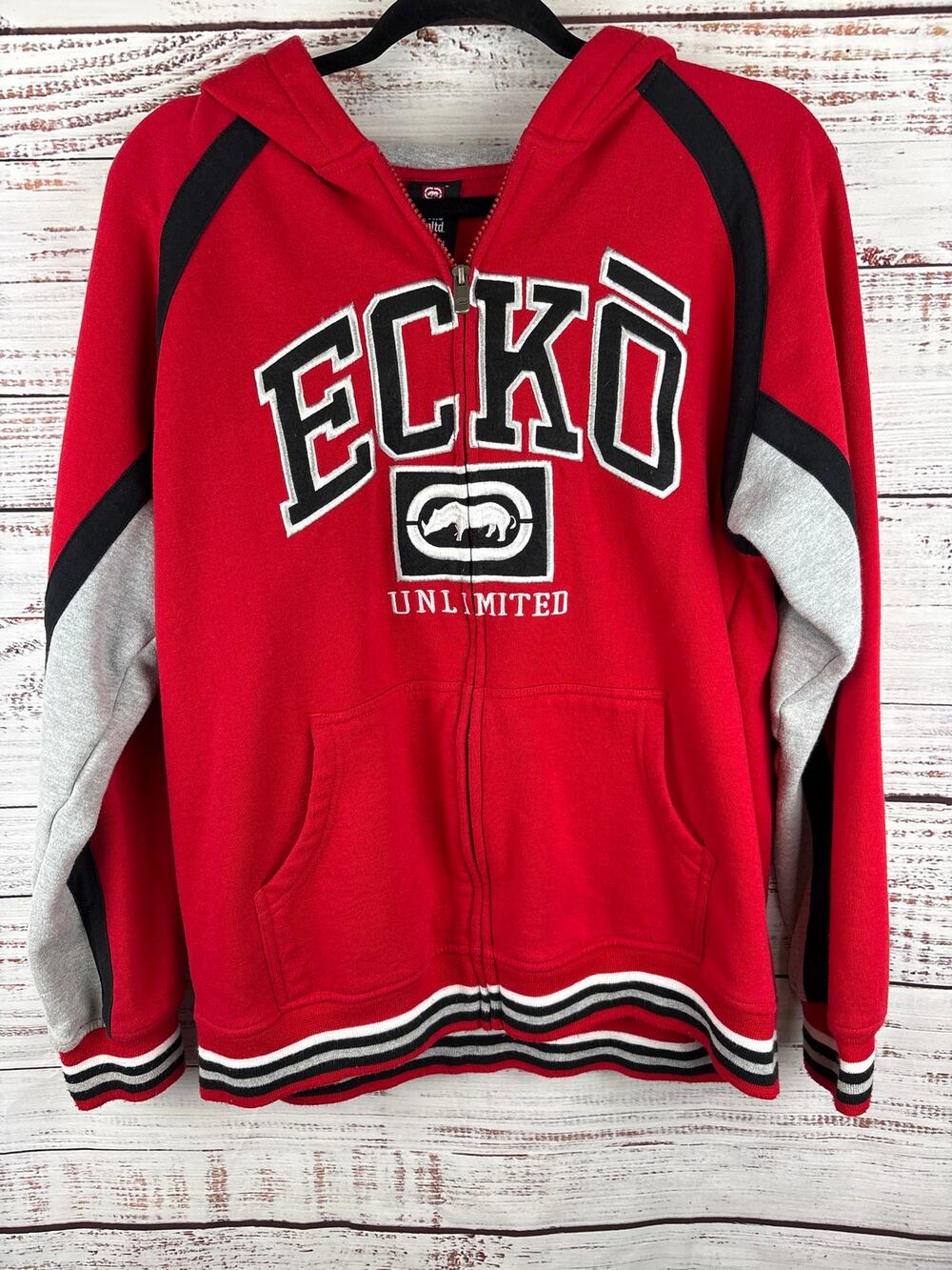 Ecko Unlimited Red Gray Black Full Zip Hoodie Sweatshirt Rhino Graphic Mens Sz L